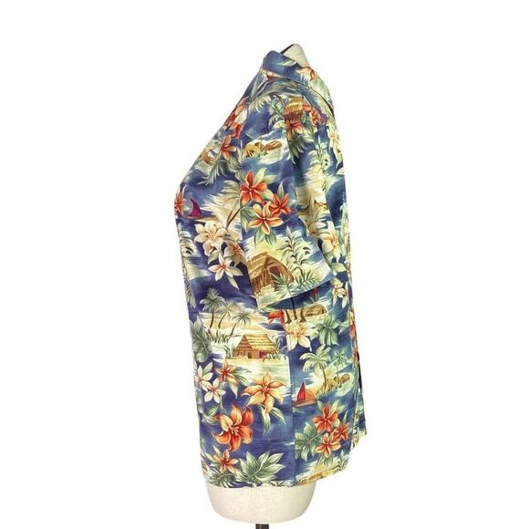 Pierre Cardin Hawaiian Camp Shirt Men M Blue Short Sleeve Floral Island Palm VTG - Picture 2 of 7
